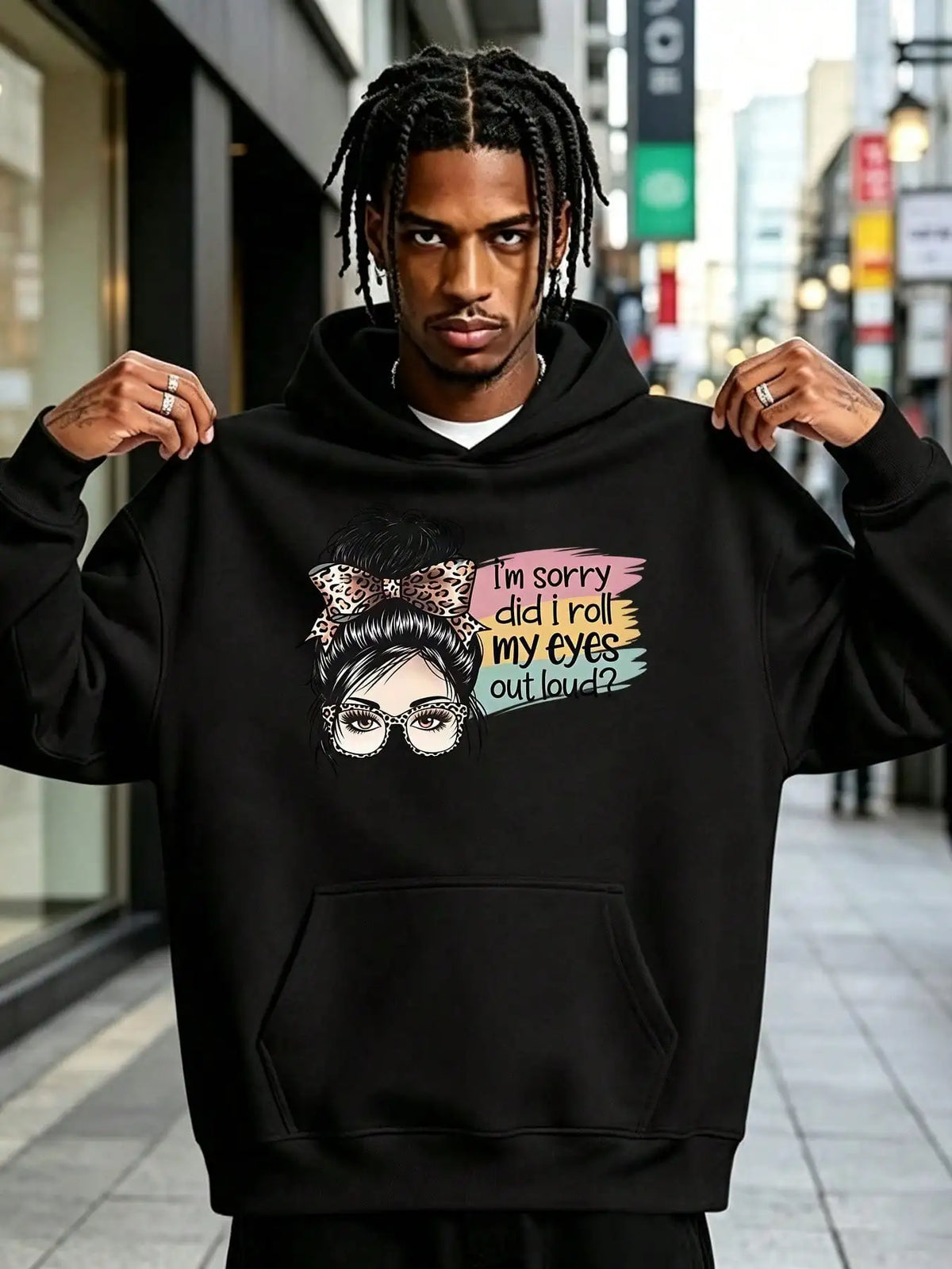 Men's "Sassy Eye-Roll Girl" Print Hoodie, Long Sleeves With Pockets, Made Of Soft Fabric, Casual Hooded Top For Daily & Holiday Wear