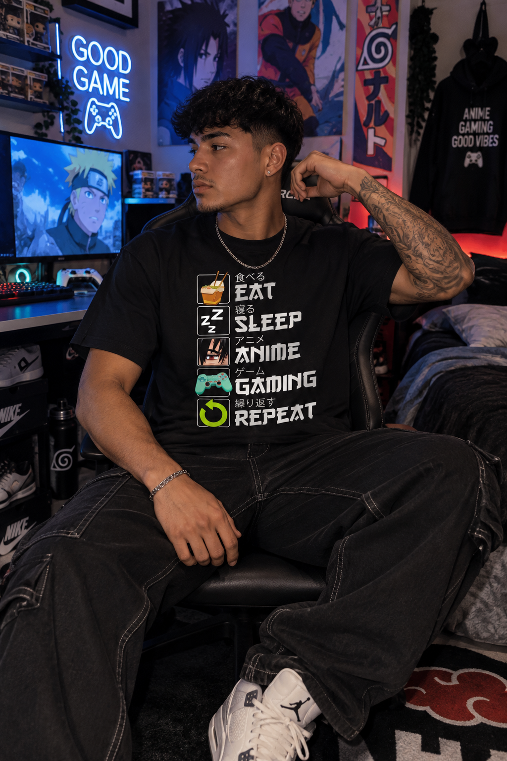 Men's Eat, Sleep, Anime, Repeat Graphic T-Shirt - 100% Cotton, Short Sleeve, Round Neck, Black With Colorful Icons - Casual Summer Wear For Gamers & Anime Fans, Casual Wear Tshirt Graphic Tee Durable Fabric