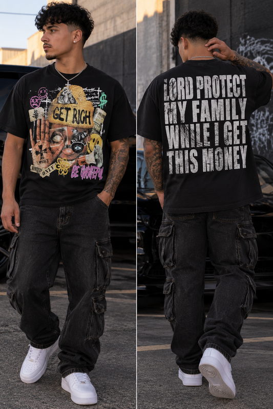 Men's Y2K pattern T-shirt "Get Rich and God Bless Your Family"