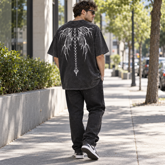 Black Vintage Washed Batik Cotton Oversized T-Shirt, White Gothic Wings Back Print Unisex Soft Loose Comfort Streetwear Graphic Tee