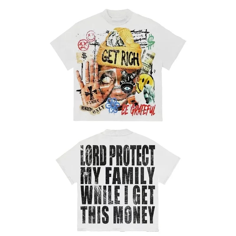 Men's Y2K pattern T-shirt "Get Rich and God Bless Your Family"