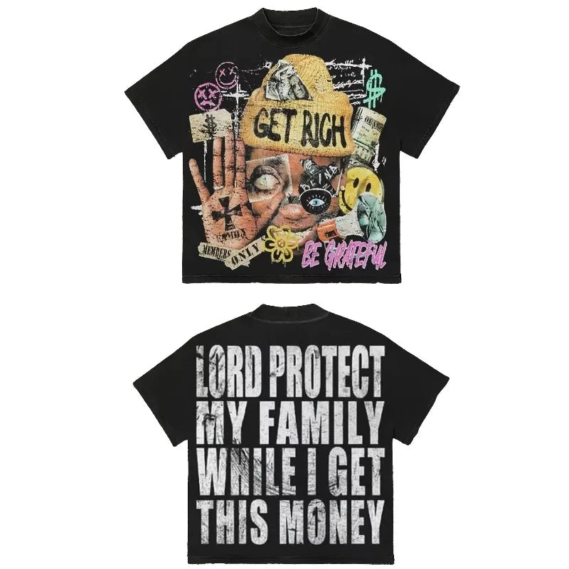 Men's Y2K pattern T-shirt "Get Rich and God Bless Your Family"