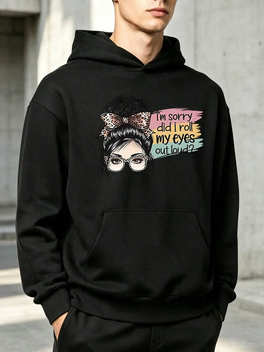Men's "Sassy Eye-Roll Girl" Print Hoodie, Long Sleeves With Pockets, Made Of Soft Fabric, Casual Hooded Top For Daily & Holiday Wear