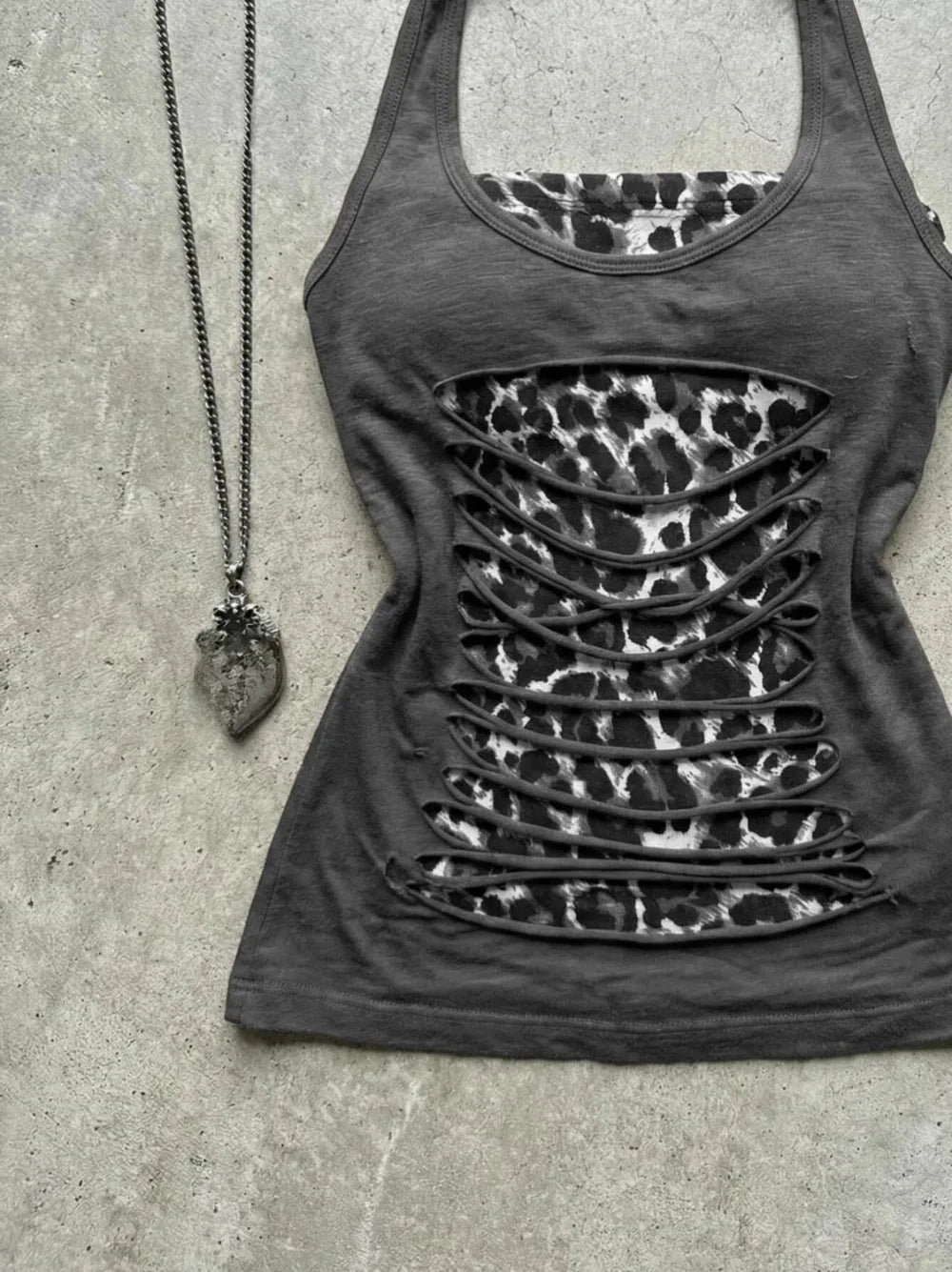 Y2k Aesthetic Hottie Leopard Tank Top Women Fake Two Patchwork Cropped Halter Vest Harajuku Grunge Vintage Slim Fit Camisole