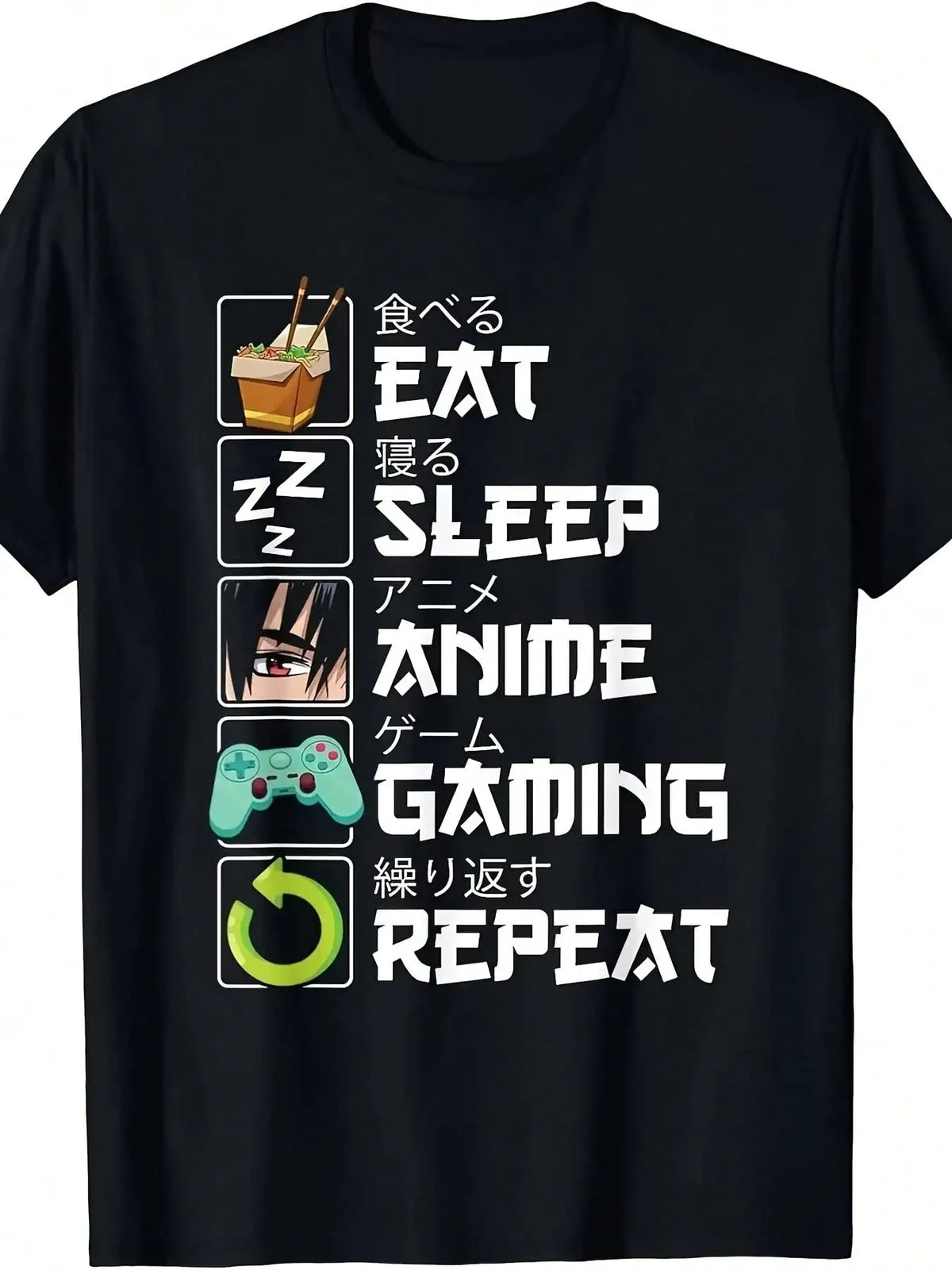 Men's Eat, Sleep, Anime, Repeat Graphic T-Shirt - 100% Cotton, Short Sleeve, Round Neck, Black With Colorful Icons - Casual Summer Wear For Gamers & Anime Fans, Casual Wear Tshirt Graphic Tee Durable Fabric